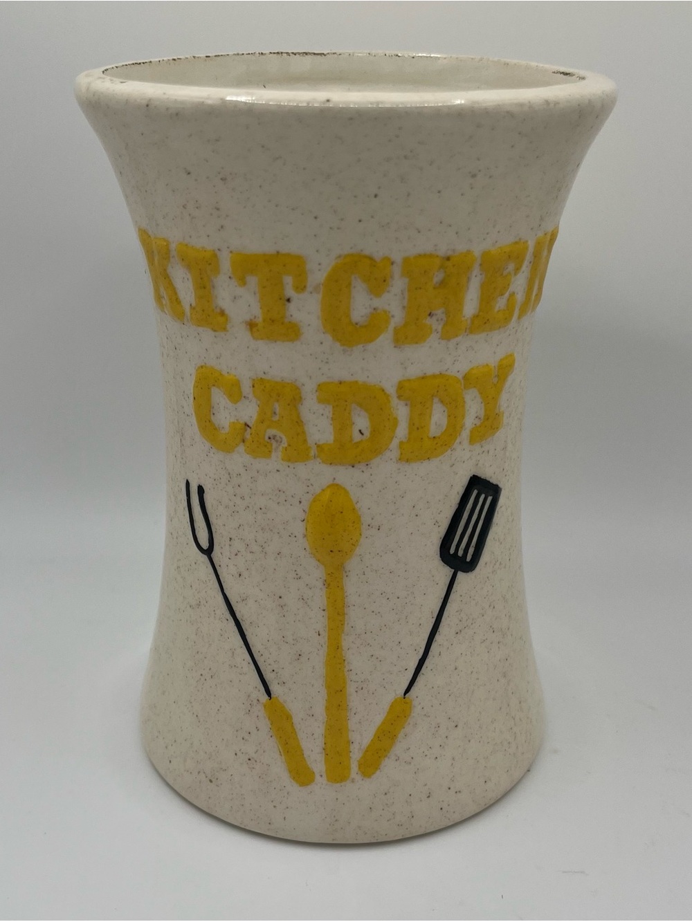 Vintage 70's Handpainted Speckled Cream Ceramic Kitchen Caddy Crock 6x4”